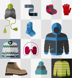 Various types of winter clothes and accessories